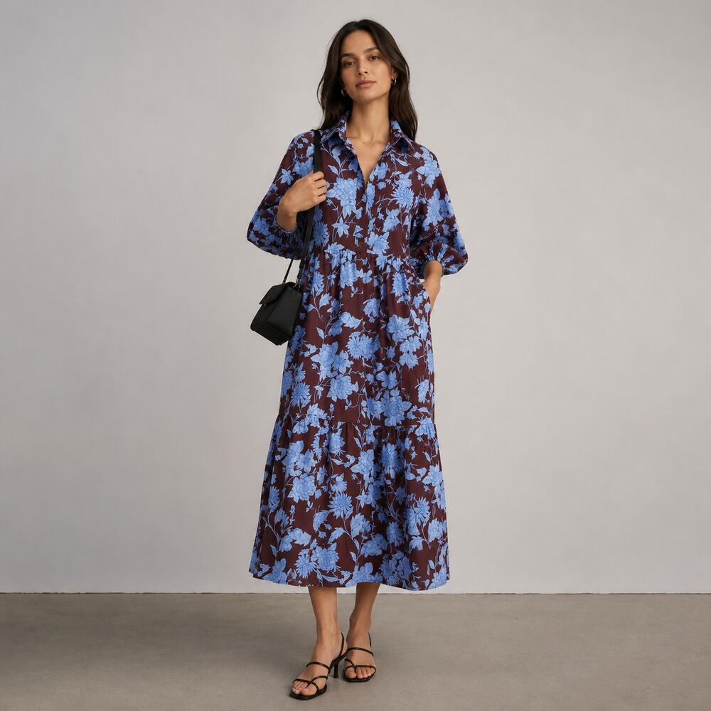 Maeve Adaptive Bettina Tiered Shirt Midi Dress Womens 2XS Brown Floral Relaxed